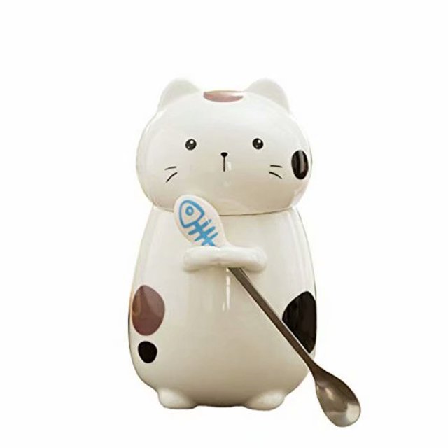 Cute Cat Ceramic Cup 3D Fun Coffee Cup with Cover and Stirring Spoon Creative Birthday Gift, Couple Cup