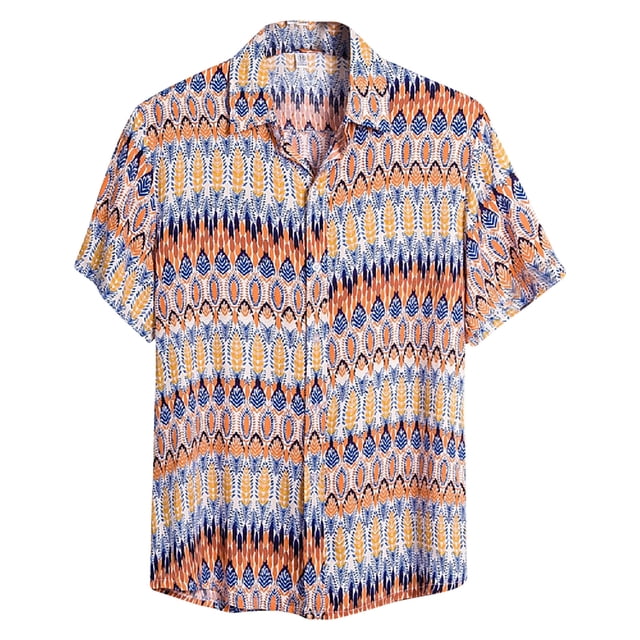 Leutsin Men Short-Sleeved Printed Color Buttons Cardigan Casual Shirt Tops