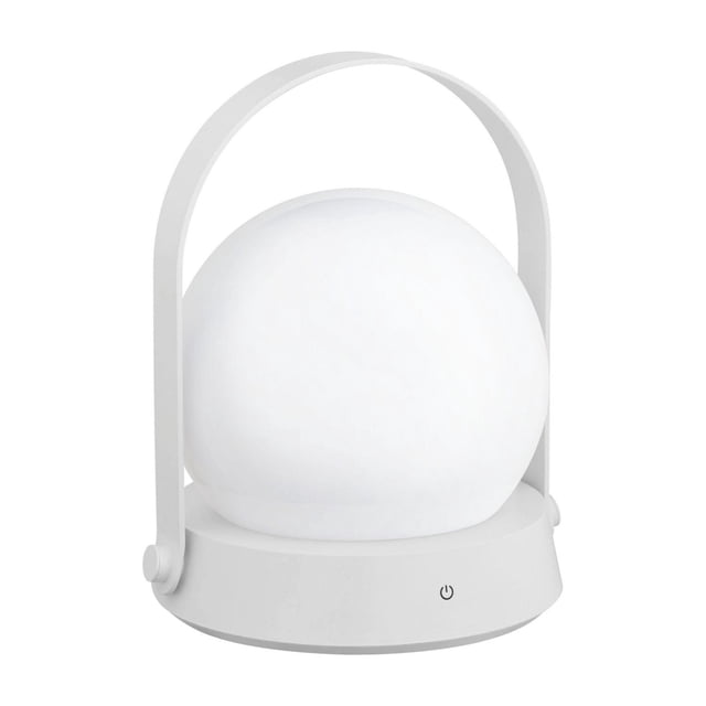 hometrends LED Colour-Changing Lantern in white with a spherical LED light, touch switch offering seven colour modes, built-in rechargeable battery, and curved handle, measuring 5.8 by 8.3 inches, ideal for camping and ambient mood lighting.