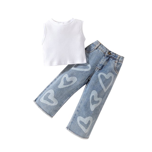 Faithtur Kids Girls Clothes Suits Solid Color Ribbed Sleeveless Tank Tops and Heart Print Jeans Denim Pants 2Pcs Suit