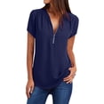 thumbnail image 1 of Timegard Tops for Women Chiffon Short Sleeve Zipper V Neck Solid Color Casual Tunic Tops Summer Fashion, 1 of 6