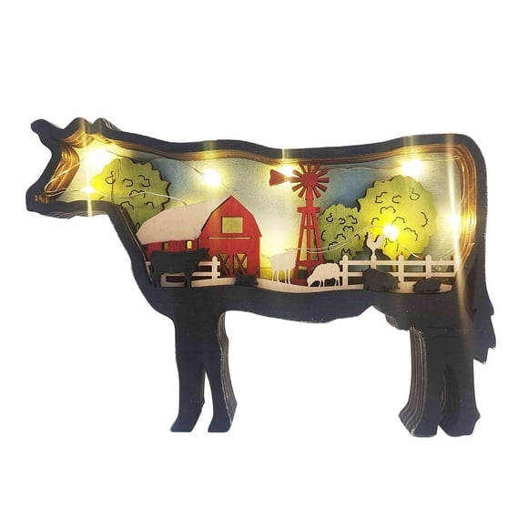 Figurine d'Animal de Ferme Sculpture en Bois 3D Artisanat d'Animaux de Ferme Accents de Déco d'Étagère Ornement Vache Cochon Bibelots Rustiques en Bois Décorations pour la Maison avec Lumière