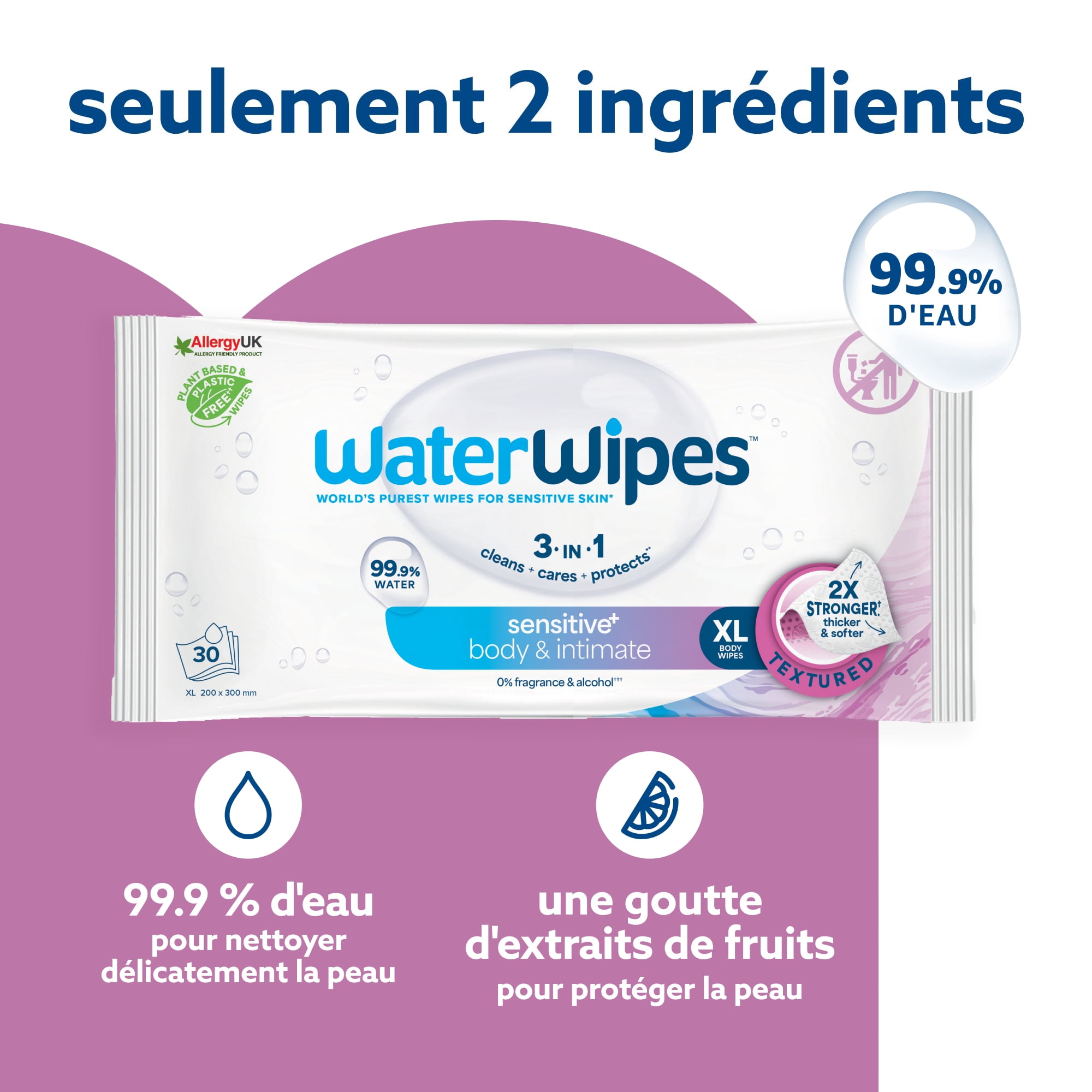 WaterWipes Sensitive Lingettes pour le Corps et les Parties Intimes,  99,9 % d'Eau, Lingettes Humides d'Hygiène Sans Parfum & Hypoallergéniques, Soins pour Adultes