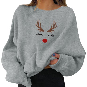 Bmisegm Chandails de Noël pour Femmes pour Fête des Fêtes, Imprimé Graphique, Col Rond, Manches Longues, Chandails Molletonnés, Chemise pour ps Femmes, Vêtements de Noël, Gris, TTG