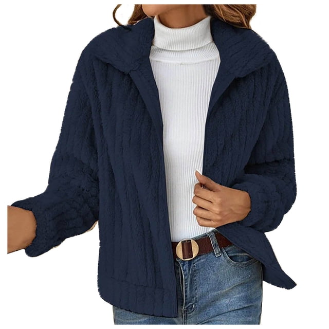 Qertyioot Women's Open Front Cardigan Spring And Winter New Striped Plush Short Coat