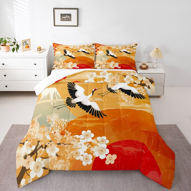 Cherry Blossoms Queen Comforter Set,Japanese Style Bedding Set,Traditional Crane Bed Set,Chic Floral Down Comforter