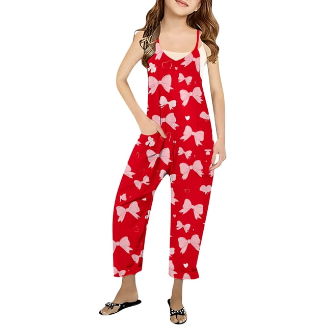Girls Overall Bow Print Jumpsuits Rompers for Girls Casual V Neck Suspender Rompers with Pockets Cute Summer Clothes 4-5 Y
