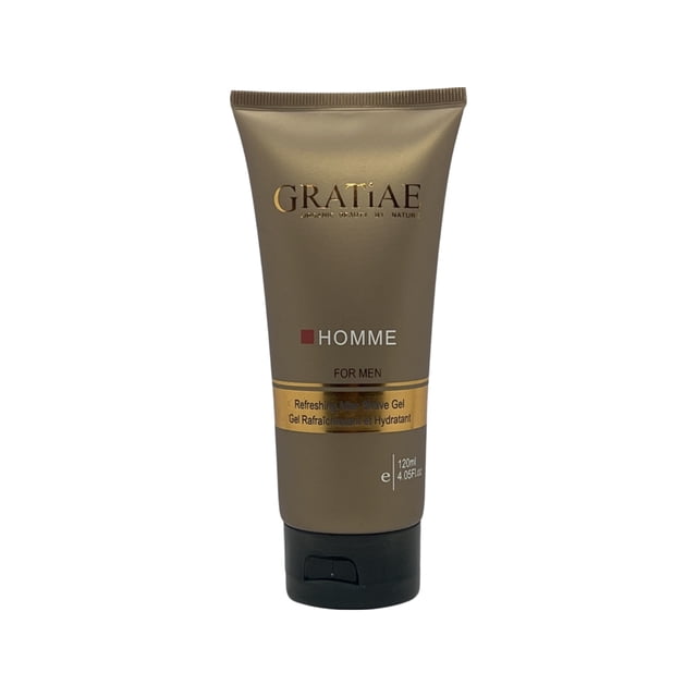 Gratiae Organics Gel Rafraîchissant et Hydratant pour Hommes, 4,05 oz, dans un tube bronze Élégant avec Capuchon Noir. l'Emballage Présente le Nom de la Marque « Gratiae » et les Détails du Produit en Texte Or et Blanc. Conçu pour Apaiser le Rasoir et Offrir une Hydratation Équilibrée, Ce Gel Est Léger et Non Gras.