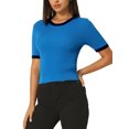 thumbnail image 4 of Unique Bargains Haut Ajusté en Tricot pour Femmes Col Rond Contraste Couleur Manches Courtes Pull Bleu 2TG, 4 of 6