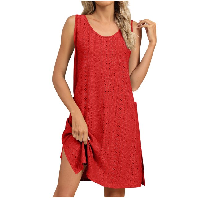 VEKDONE Women Summer Solid-Color Court Lock Round-Neck Casual Cuffless Dress Red L