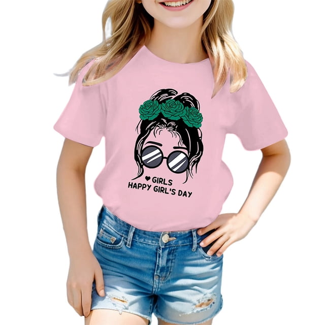 Hauts de Danse pour Enfants Filles T-Shirt Manches Longues Enfants Filles Mignon Graphique Imprimé Col Rond Manches Courtes Tee Été Décontracté T-Shirt Hauts