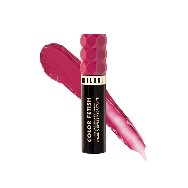 Milani Color Fetish Teinture Hydratante pour les Lèvres en tube Noir avec un Bonnet Rose Facetté, Montrée avec une Nuance Brillante de Rose Foncé derrière, Présentant une Formule Hydratante avec Acide Hyaluronique et squalane d'Origine Végétale pour jusqu'à 8 Heures de Port Confortable, Semi-Mat, Convient aux Lèvres à Entretien Minimal.