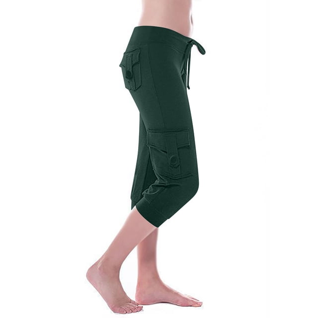 Moxiu Capris Cargo pour Femmes avec Multiples Poches Été Taille Mi-Haute Pantalon Jogger Grande Taille Extensible Tactique Tavel Randonnée Pantalon Court Vert Armée,TG