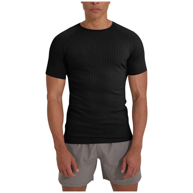 cfhntfmh T-Shirts de Musculation pour Hommes en Tricot Côtelé Extensible à Manches Courtes à Col Rond T-Shirts d'Entraînement Couleur Unie Coupe Ajustée T-Shirts en Tricot