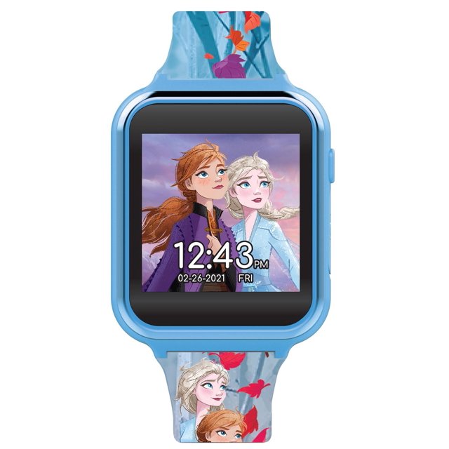Disney Frozen Touch Screen Interactive Watch with Camera in blue plastic case and metal buckle, displaying digital time 12:43 PM and date 02-26-2021 Friday, featuring animated Frozen characters on the screen and strap with red leaf accents.