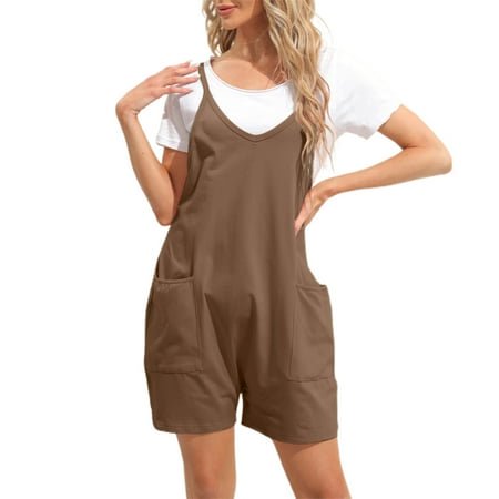 PMUYBHF Combinaison à Manches Longues du 4 Juillet pour Femmes, Décontractée, Combinaisons d'Été Décontractées Sans Manches pour Femmes, Coupe Ample, Bretelles Spaghetti, Short, Combinaison avec Poches