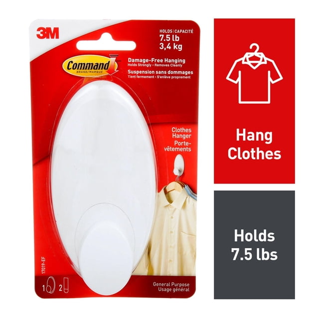 Command™ Clothes Hanger 17019-EF, Large, white oval adhesive hook on red 3M packaging, holds 7.5 lb (3.4 kg) for damage-free hanging of clothes on various surfaces including paint, wood, and tile, includes two adhesive strips, removes cleanly without holes or residue, ideal for closet and coat organization.