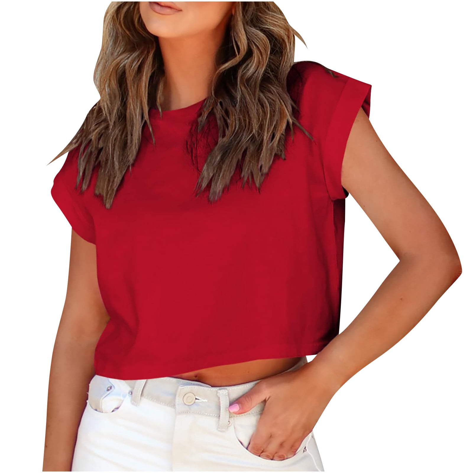 Timegard Hauts pour Femmes Col Ras du Cou Manches Courtes à Revers Haut Court d'Été T-Shirts Basiques Décontractés Amples Camisole Blouse