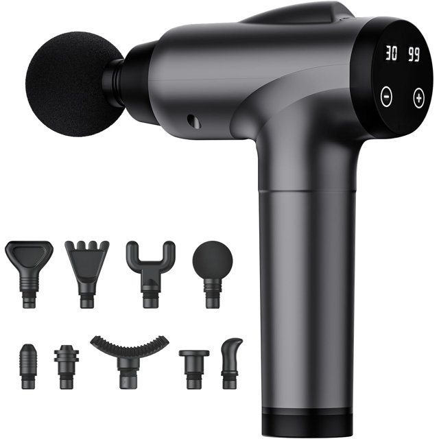 HAHDAXIA Massage Gun Deep Tissue, a grey handheld electric muscle massager with ergonomic design, 9 attachments, and 30 speed levels for deep tissue massage and pain relief. Features a smart LED display for speed and battery percentage, and operates quietly for versatile use in settings like gyms or offices.