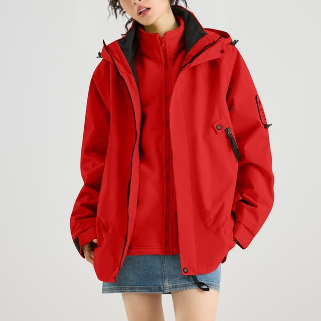 Women's Fashion Solid Color Long Sleeve Waterproof Rain Jacket with Zipper Pockets, Windbreaker Coat for Outdoor Use, Hooded Design for All-Weather Protection