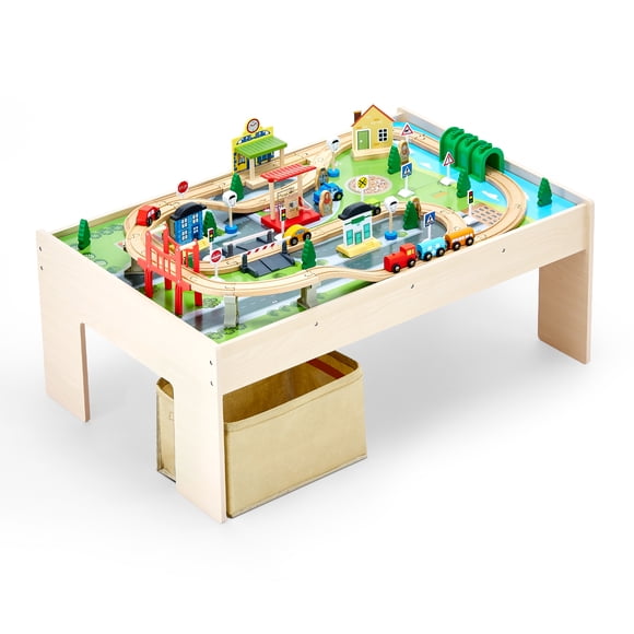 VEVOR Train Table 84 Pieces Wooden Kids Activity Table with Collapsible Storage Bin