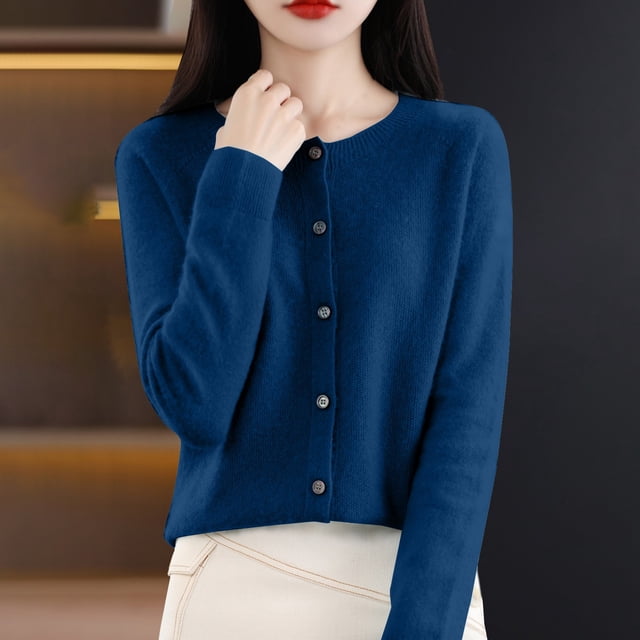 Baberdicy Haut en Tricot Uni pour Femme, Cardigan à Col Rond Ouvert à l'Avant, Cardigan Uni à Col Rond, Chandail en Tricot Décontracté, Haut de Tous les Jours Bleu Foncé TG