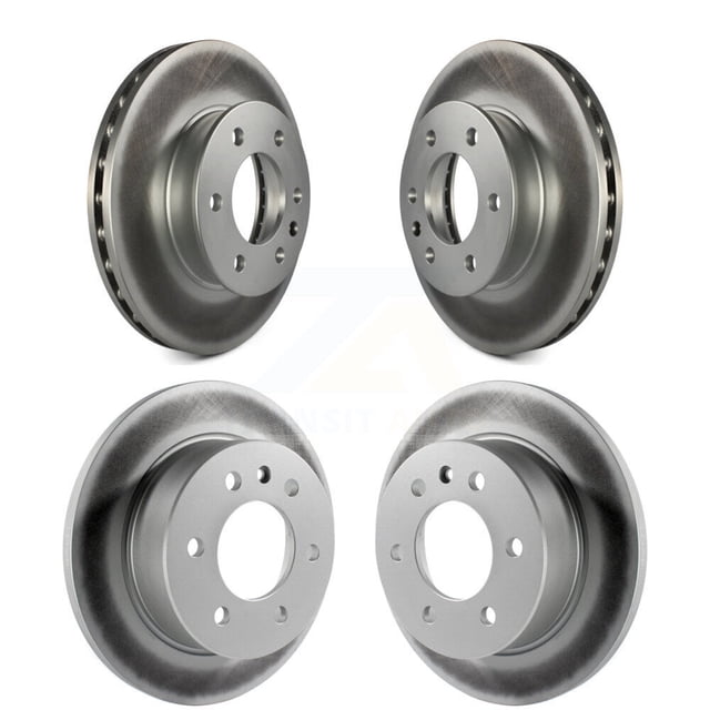 Genius Front Rear Coated Disc Brake Rotors Kit for Mercedes-Benz Sprinter 2500, 3500, Dodge, and Freightliner vehicles. Includes two front and two rear rotors engineered with carbon-enhanced G-Cast™ iron castings for durability and optimal braking performance. Features G-Coat™ protective coating for rust resistance and precision-balanced design for zero vibration braking. Compatible with specific models from 2007 to 2018.