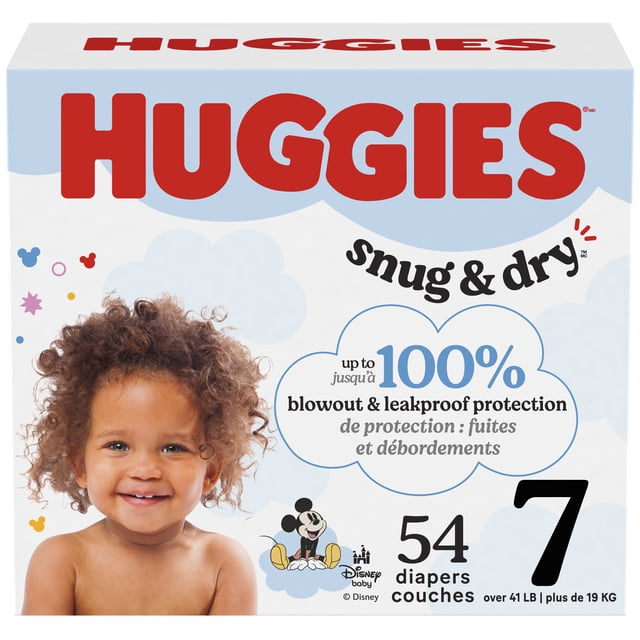 Huggies Snug & Dry Baby Diapers GIGA Size 7 pack with 54 diapers for babies over 41 lbs (19 kg), featuring up to 100% blowout and leakproof protection, exclusive Disney baby Mickey Mouse design, soft absorbent layers, and a stretchy waistband for a comfortable fit.