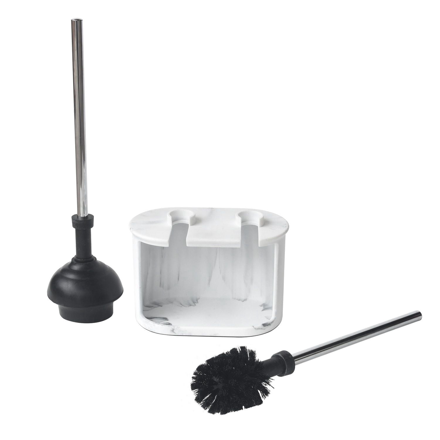 hometrends Ensemble de ventouse de toilette et de brosse à cuvette en faux marbre blanc, avec poignée en métal et support en grès pour une utilisation dans la salle de bain