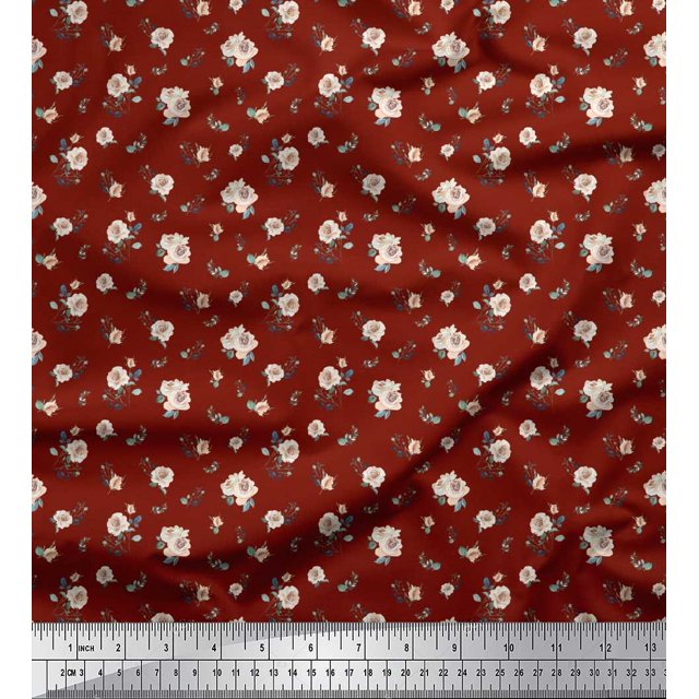Soimoi Tissu en Rayonne Rouge Feuilles & Roses Tissu Imprimé Floral 1 Yard 42 Pouces de Large