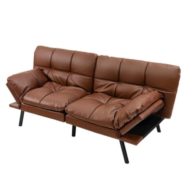 Giantex Convertible Sofa Bed, Memory Foam Futon Bed w/Adjustable Backrest & Armrests, Upholstered Folding Couch Sleeper for Small Space, Brown