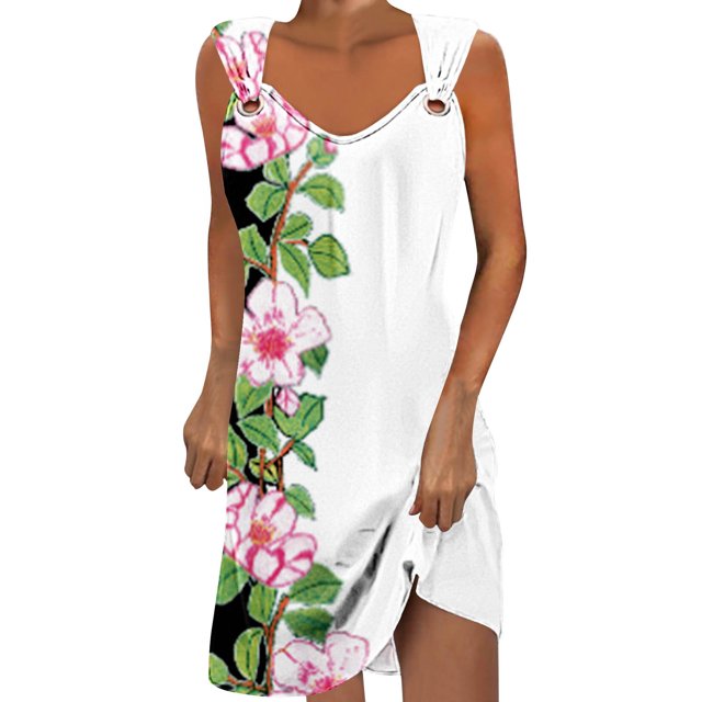 Penkiiy Robes de Printemps pour Femmes 2024 Décontractées Imprimées Amples Sans Manches Couleur Unie Col Rond Tempérament Élégantes Robes Dos Nu 2TG Multicolore