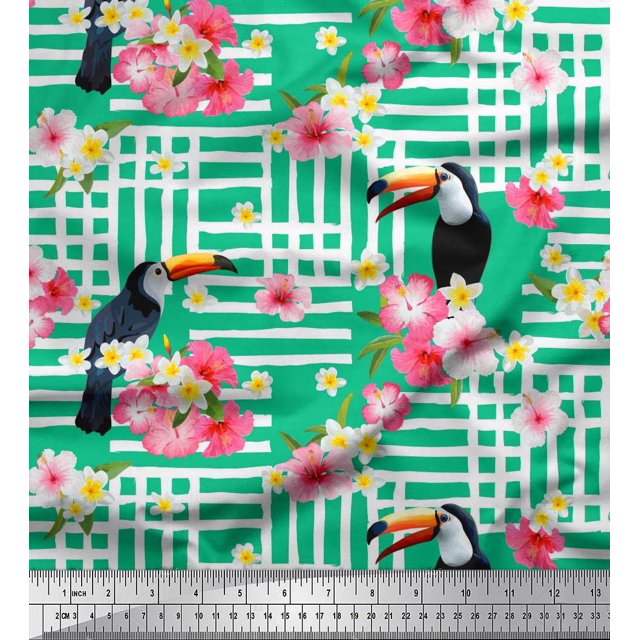 Soimoi Green Rayon Fabric Floral & Toucan Bird Fabric Prints by Yard 56 Inch Wide