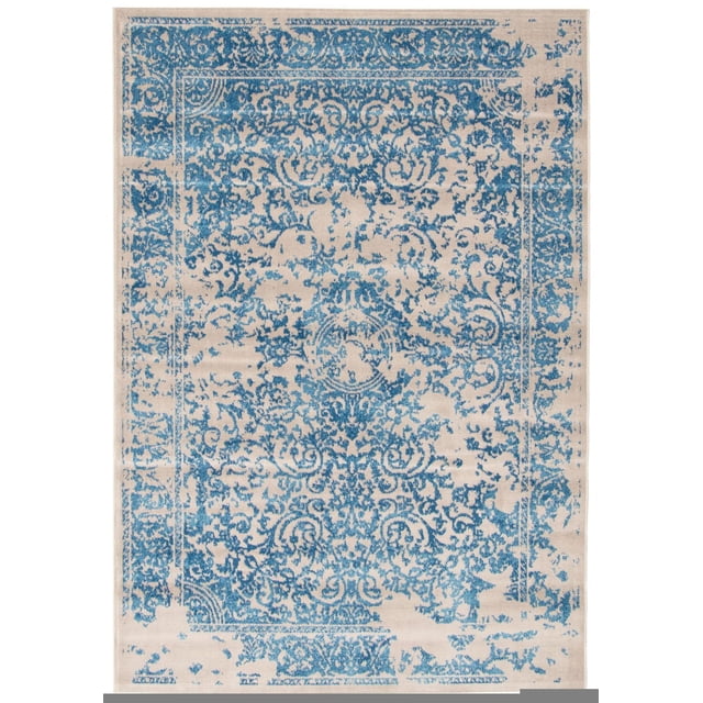 ECARPET Traditional Style Area Rug for Dining Room, Living Room and Bedroom Dawson Blue with distressed vintage oriental blue scroll and floral patterns on beige, suitable for high traffic and pet-friendly indoor use, often used as an accent rug to enhance home decor.