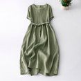 thumbnail image 1 of Meichang Robes Midi en Coton et Lin pour Femmes Unies à Taille Nouée Plissées Robes d'Été à Manches Courtes Col Ras du Cou Robes Fluides Coupe Ample Décontractées Robes Trapèze Vert TG, 1 of 4