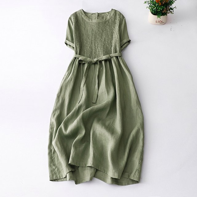 Meichang Robes Midi en Coton et Lin pour Femmes Unies à Taille Nouée Plissées Robes d'Été à Manches Courtes Col Ras du Cou Robes Fluides Coupe Ample Décontractées Robes Trapèze Vert TG