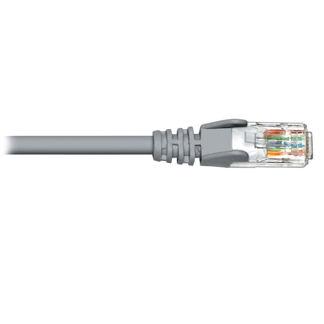 BlueDiamond Ethernet Cat6 Patch Cable CSA & UL approved - 100ft, Grey, close-up of the RJ45 connector with eight visible colored wires inside a clear plug and a grey snagless molded boot on a flexible grey cable, suitable for reliable high-speed network connections in home or office setups and often used for gaming and streaming.