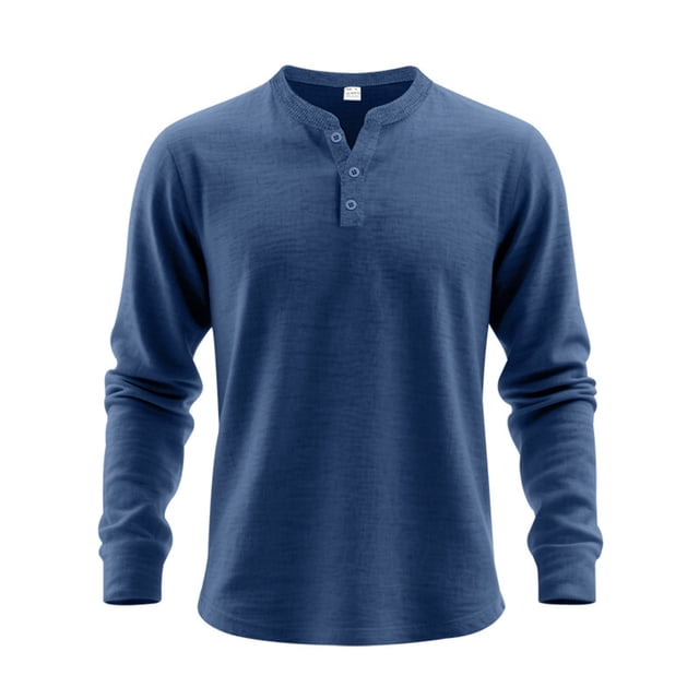 Wdfiry Men's Tops Solid Color Loose Plus Size Henley Tshirt Comfortable Fall Button Crewneck Long Sleeve Undershirts