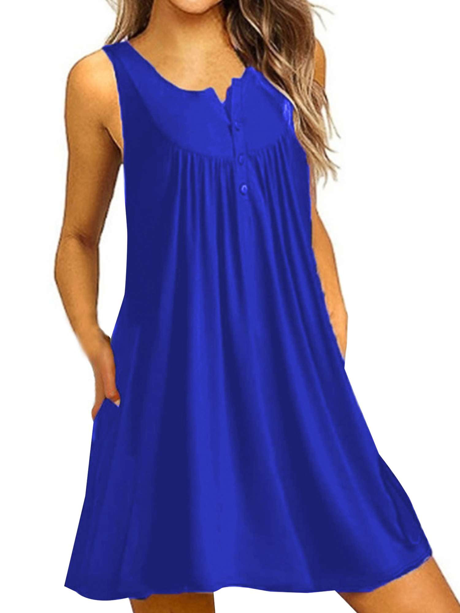 Innerwin Robe Mini Boutonnée Femme Robe d'Été Plage Ample Bohème Bleu Royal TG