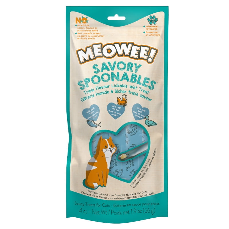Meowee Lickable Cat Treats, Squeezable Wet Cat Snack with Tuna, Chicken & Duck, Built-In Spoon, 4 Pack (56 g)