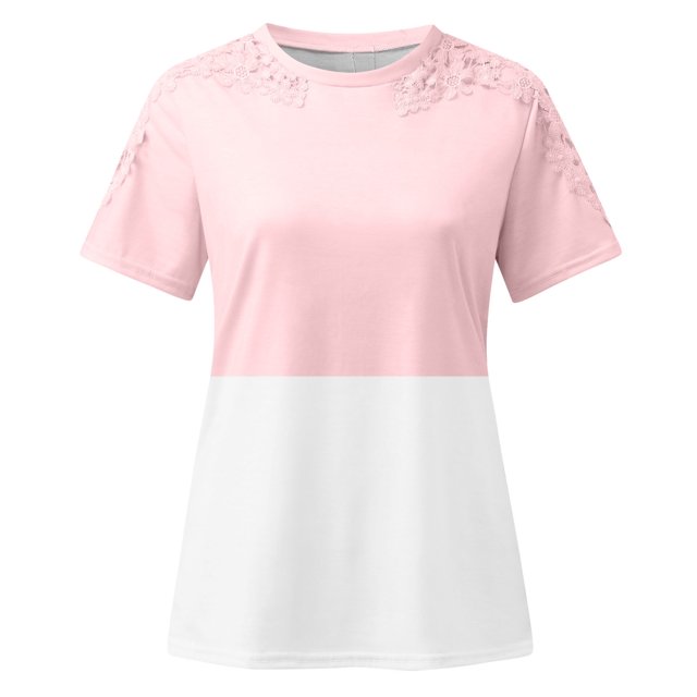 TopLLC Women's Short Sleeve Plus Size Tops Crewneck T Shirt Loose Fit Lace Stitching Shirts Solid Hollow Out Ruffle Tunic Tops