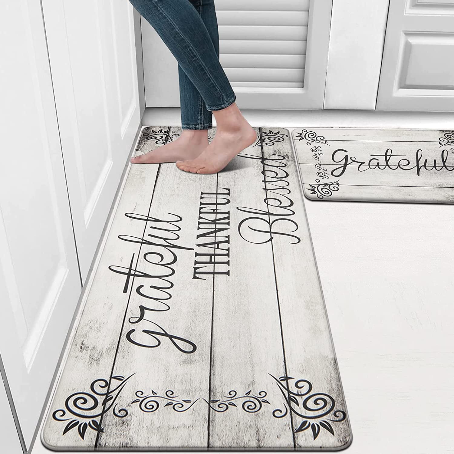 MeyJey Kitchen Rug Set of 2, Anti Fatigue Kitchen Mat 2 Pieces, Non Skid Waterproof Cushioned Floor Mat and Runner Rug, 17"x28"x0.4"+17"x48"x0.4", Off-White