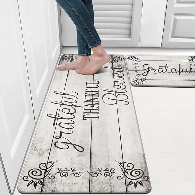 MeyJey Kitchen Rug Set of 2, Anti Fatigue Kitchen Mat 2 Pieces, Non Skid Waterproof Cushioned Floor Mat and Runner Rug, 17"x28"x0.4"+17"x48"x0.4", Off-White