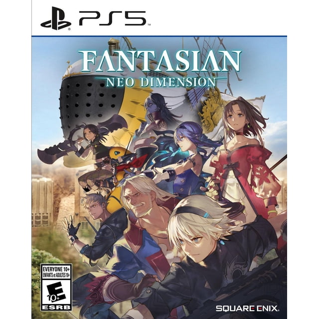 Couverture de FANTASIAN Neo Dimension (PS5) Représentant un Groupe de Personnages de RPG Fantastiques en poses Dynamiques avec un Grand Dirigeable Mécanique en Arrière-Plan sous un Ciel Clair, Conçue par Square Enix pour PlayStation 5, Présentant une Histoire Interdimensionnelle Originale.