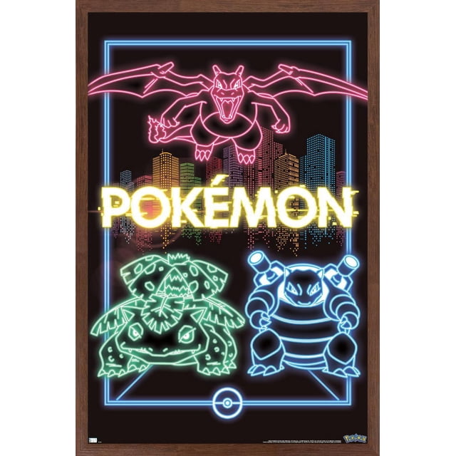 Pokémon - Affiche Murale de Groupe Néon, 14,725 Pouces x 22,375 Pouces Encadrée, Présentant des Contours Néon de Charizard en Rose au-Dessus d'Une skyline de Ville Multicolore, avec Venusaur en Néon Vert à Gauche et Blasttoise en Néon Bleu à Droite, Ensemble sur Fond Noir avec une Bordure Néon Bleue et une Icône de Poké Ball au Centre Inférieur, Convient à une Déco de Chambre Vibrante Ou à une Décoration de Fête à Thème.