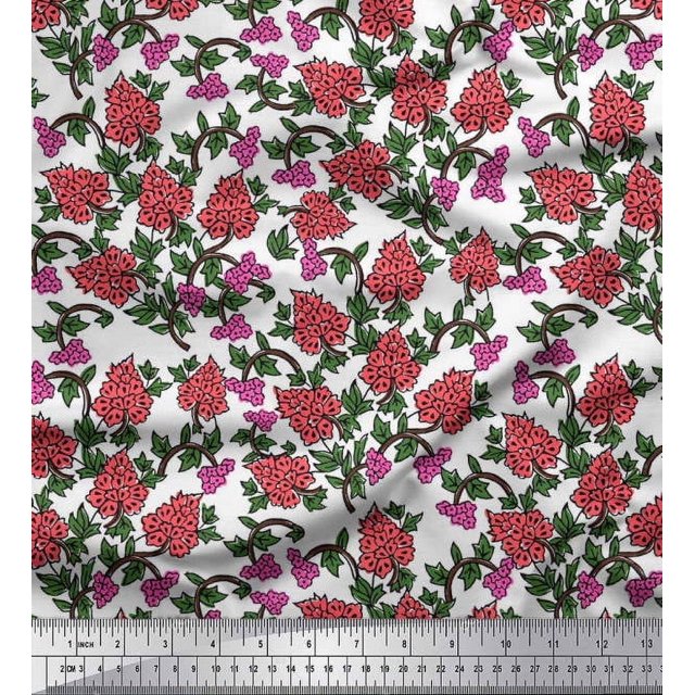 Soimoi Poly Georgette Fabric Leaves & Floral Block Print Fabric by The Yard 52 Inch Wide