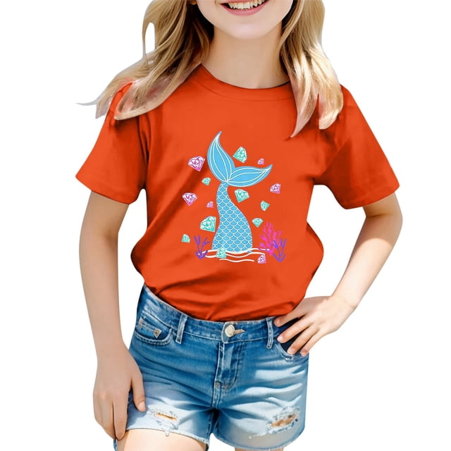 T-shirts pour Filles, Imprimé Graphique Océan Mignon, Manches Courtes, Amples, Orange 3-4 Ans