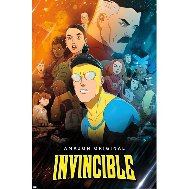 Invincible - Affiche Murale de Groupe un avec Illustration Brillante Haute Résolution de la Série Originale Amazon Invincible, Centrée sur un Superhéros en Costume Bleu et Jaune Entouré de Divers Personnages dans des poses Dynamiques sur un Fond orange et Bleu, Convient à une Déco Murale Vibrante.