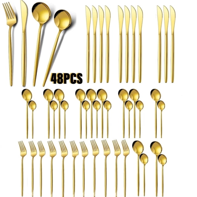 Silverware Set,48-Piece Stainless Steel Flatware Service for 12, Kitchen Accessories Utensils Tableware Cutlery Set,Dishwasher Safe, Glod