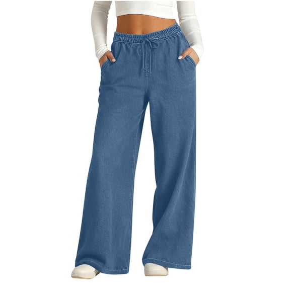 yardsong High Waisted Stretchy Denim Pants Women Wide Leg Loose Elastic Waist Drawstring Pull On Jeans with Pockets Blue,S